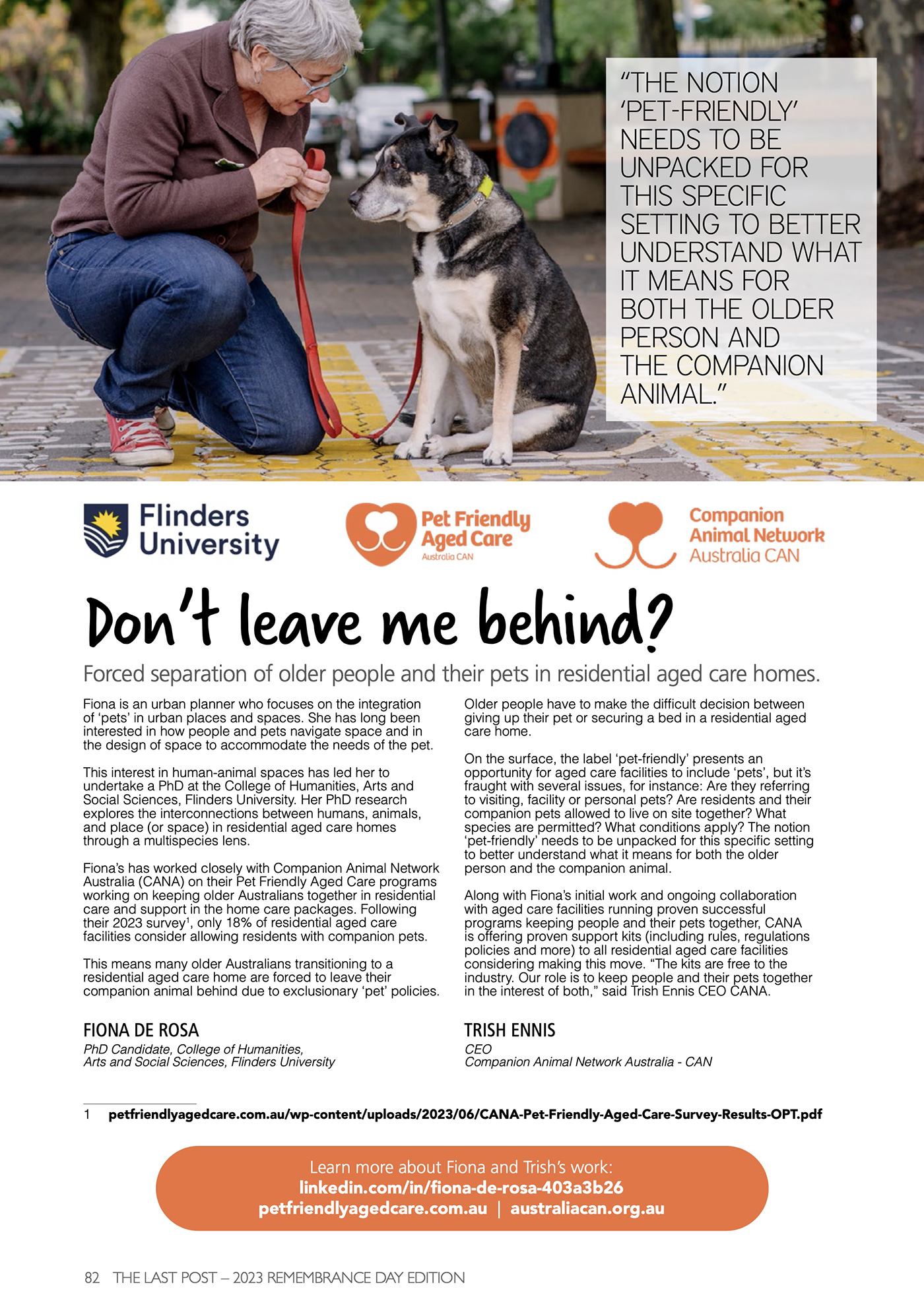 Don't leave me behind: Forced separation of older people and their pets in residential aged care homes - Article in The Last Post Magazine